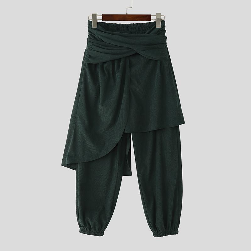 INCERUN Autumn Men Casual Elastic Waist Ruffled Irregular Corduroy Harem Pants Trousers