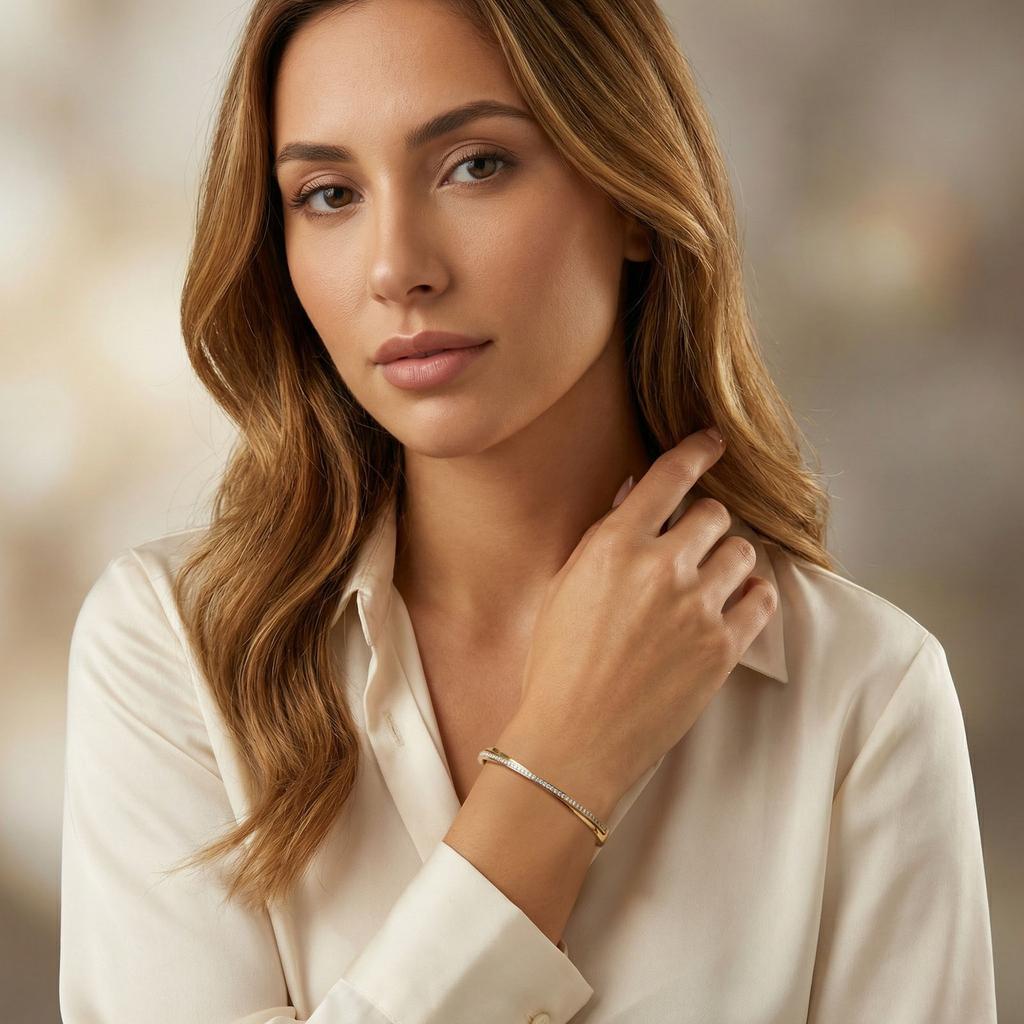 Shiny Zircon Crossed Stainless Steel Bangle Bracelet for Women, Gold Color Layered Stackable Female Waterproof Jewelry Gift