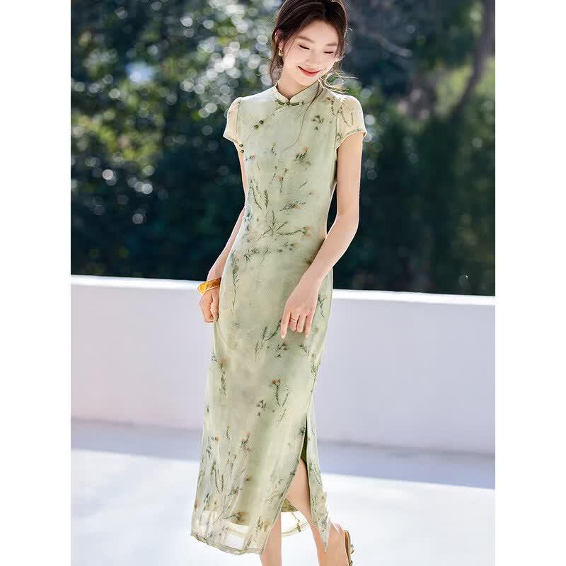 Mohan Yimei New Chinese Style Elegant Mesh Slit Qipao Dress M