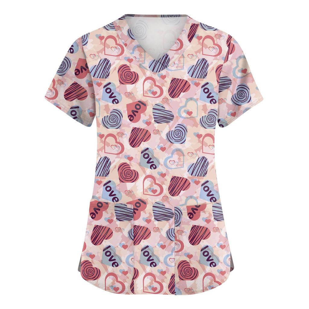 Women's Cute Bow Printed Work Clothes V-neck Double Layer Pockets Basic Short Sleeve Top Pullover