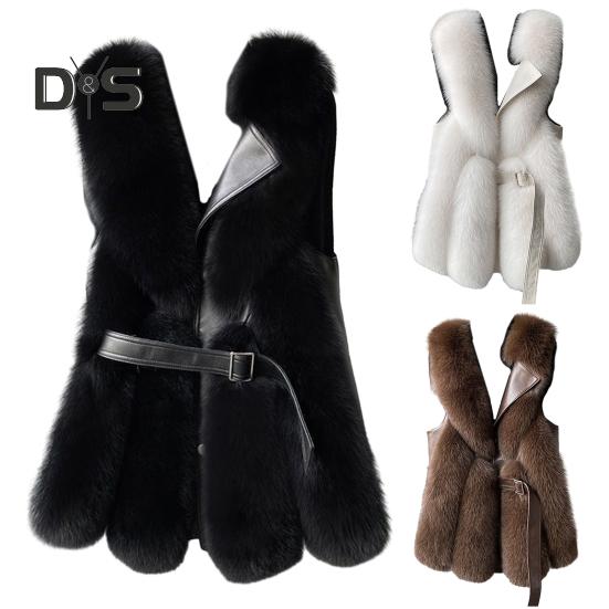 Women Winter Vest Coat Thick Fluffy Faux Fur Cozy Solid Color Sleeveless Button Closure Belt Decor Solid Color Windproof Faux Leather Patchwork Warm