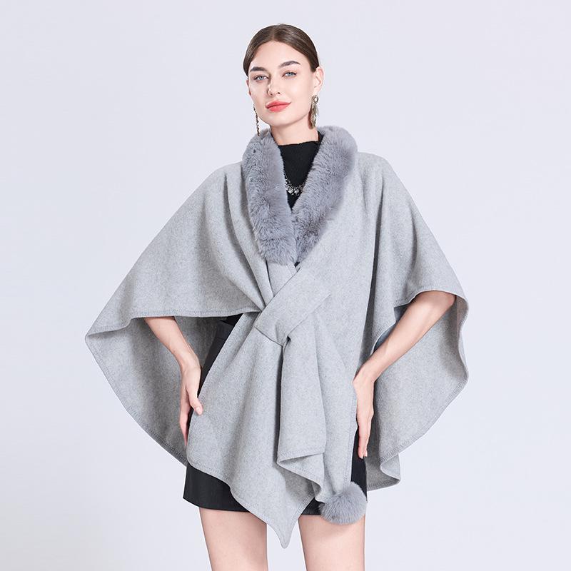 Autumn/Winter Knitted Scarf Shawl Cape with Fur Collar and Pom-Poms (Style 0962#)