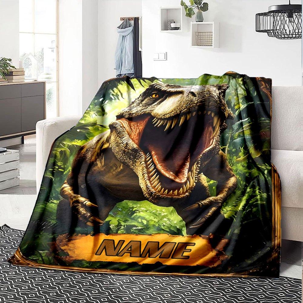 Tyrannosaurus Rex In A Lush Jungle Setting With An Open Mouth And Sharp Teeth Throw Customizable Blanket Personalized Text Warmthful Decor Versatile