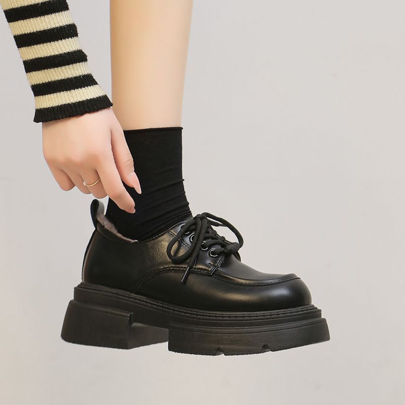 Lace-up British style small leather shoes for women's 2025 autumn and winter new retro velvet thick-soled heightening love single shoes