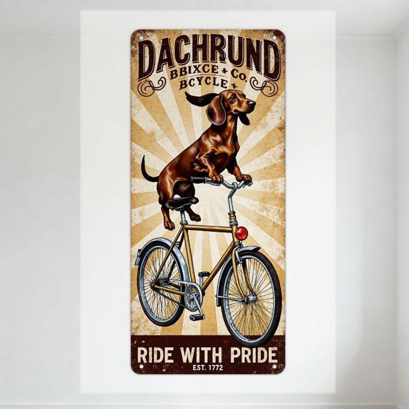 Vintage Dachshund on Bicycle Metal Tin Sign Retro Sunburst Brown Banner  RIDE WITH PRIDE  for Home Bar Man Cave Decor 20x30cm（7.8x11.8inch）