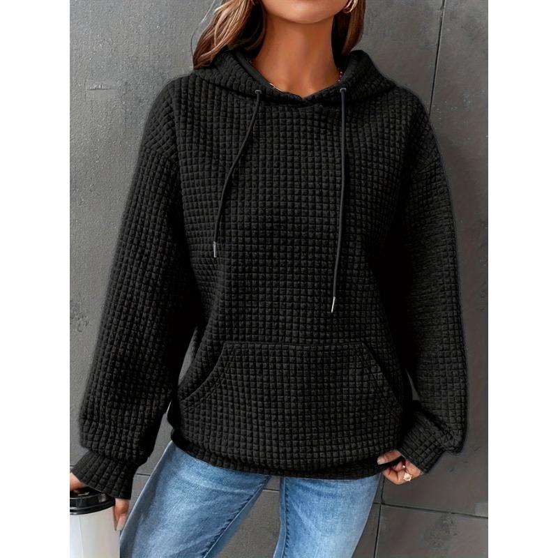 Waffle Grid Kangaroo Pocket Hoodie, Casual Long Sleeve Drawstring Hoodies Sweatshirt, Women's Clothing