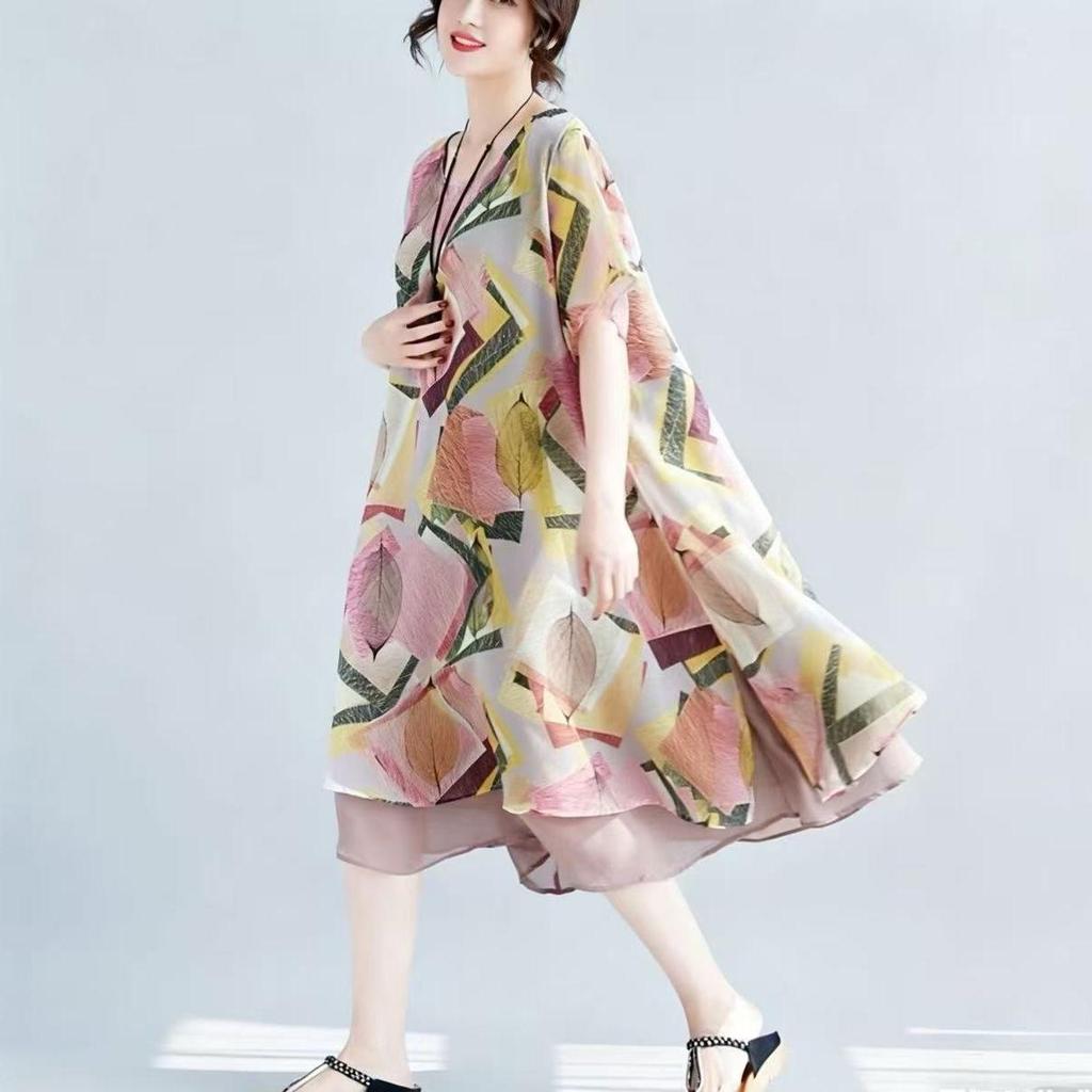 Plus Size Chiffon Color Block Round Neck Dress for Women