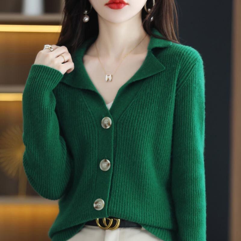 Spring and Autumn New Suit Collar Knitted Cardigan Women's Collar Short Bottom Sweater Jacket Knitted Sweater Outer