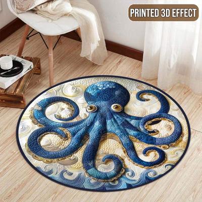 Mystical Sea Creature Rug, Detailed Octopus Circle Carpet with Wave Patterns A Statement for Eclectic Bohemian Living Room Decor