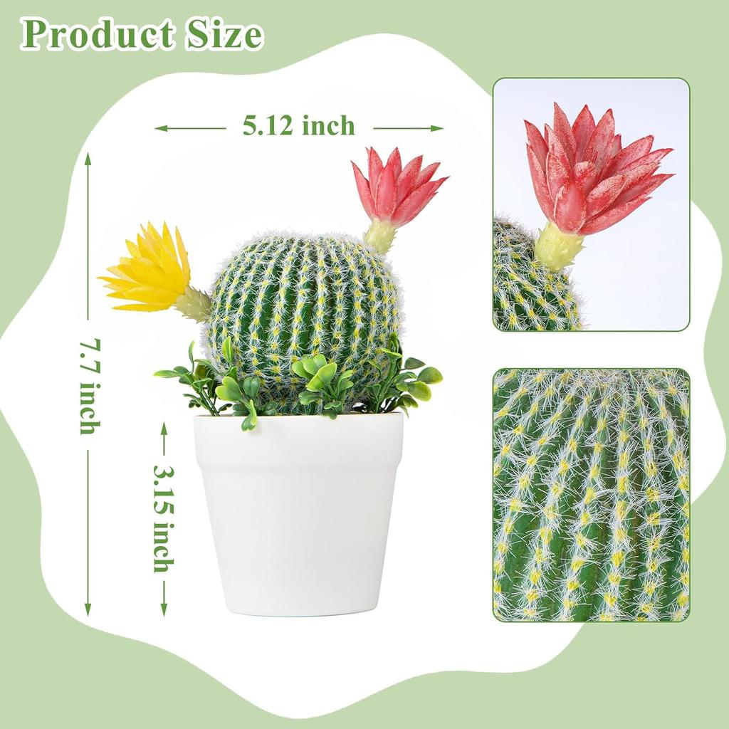 7.7 Inch Mini Artificial Cactus - Faux Cactus Flowering Cactus, Fake Succulent Plant Decor for Home Office