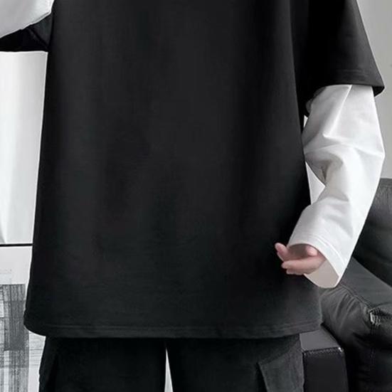 Männer T-shirt Gefälschte Zwei Stück Rundhals Langarm Kontrast Farbe Pullover Frühling Lose Patchwork Bodenbildung Shirt Streetwear