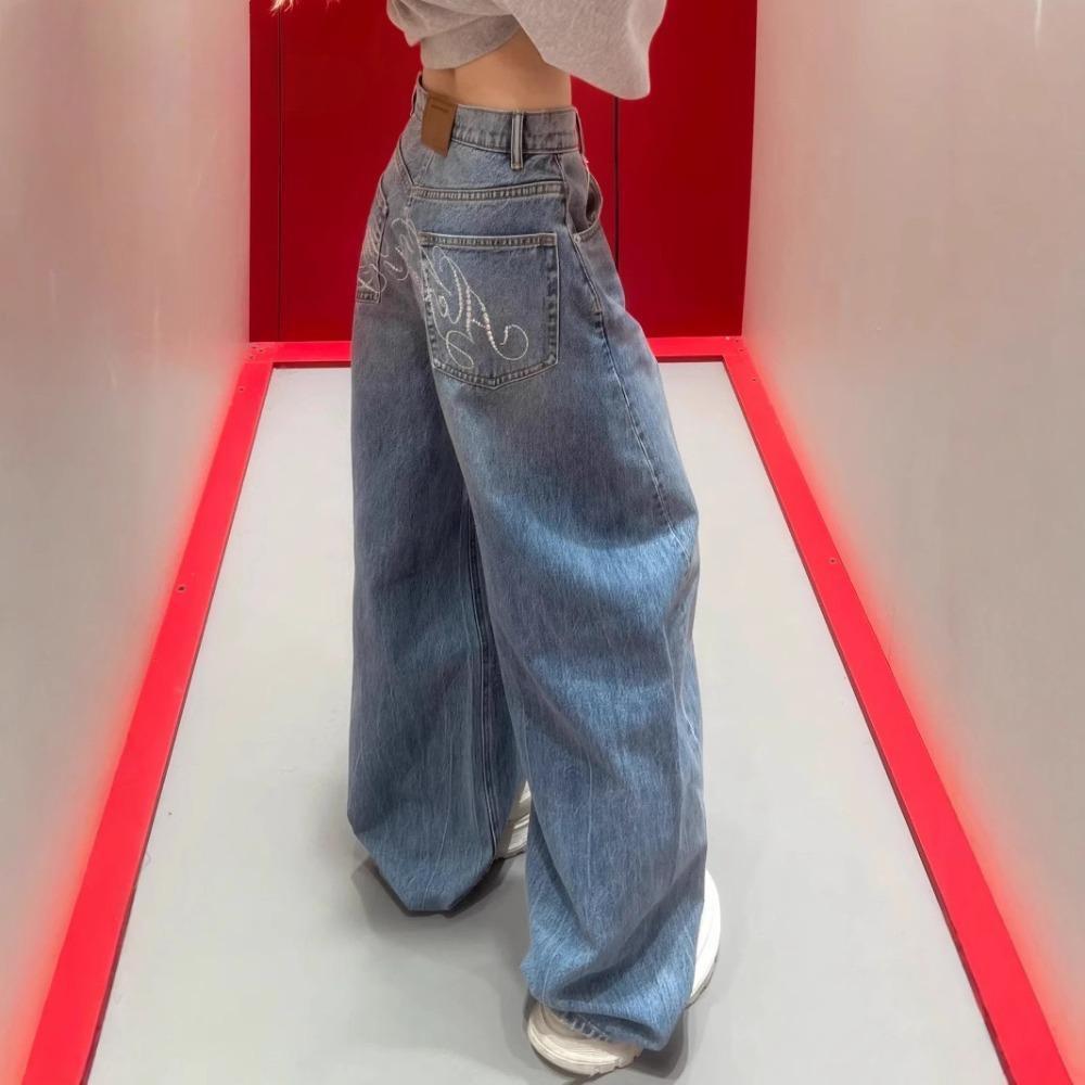 ZYLLO Letter Hot Diamonds High Waited Jeans Woman Street Fashion Baggy Jeans Women Clothing Casual Versatile Pants Women