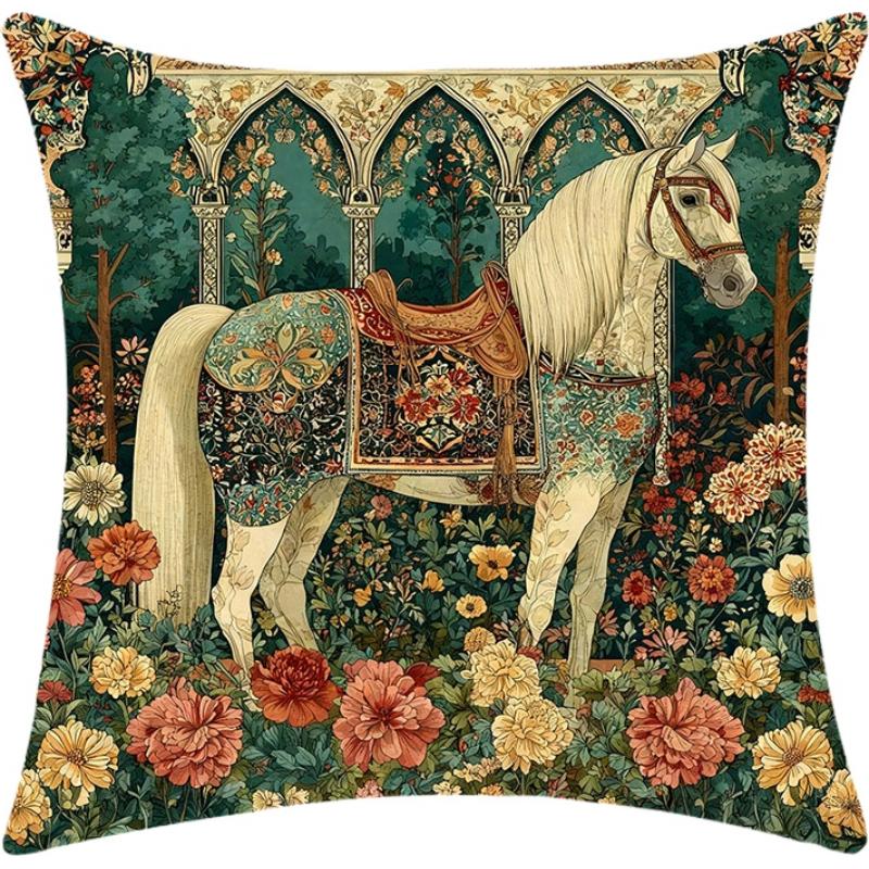 Horse Floral Pillow Cover Polyester Artistic Home Decor Sofa Bed Cushion Skin Friendly Soft Plush Invisible Zipper Decor Gift