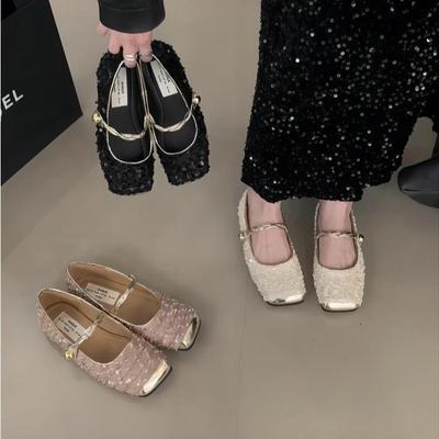 Zapatos individuales Mary Jane con lentejuelas zapatos de mujer 2025 nuevo primavera fondo plano nicho alta gama temperamento francés zapatos de noche