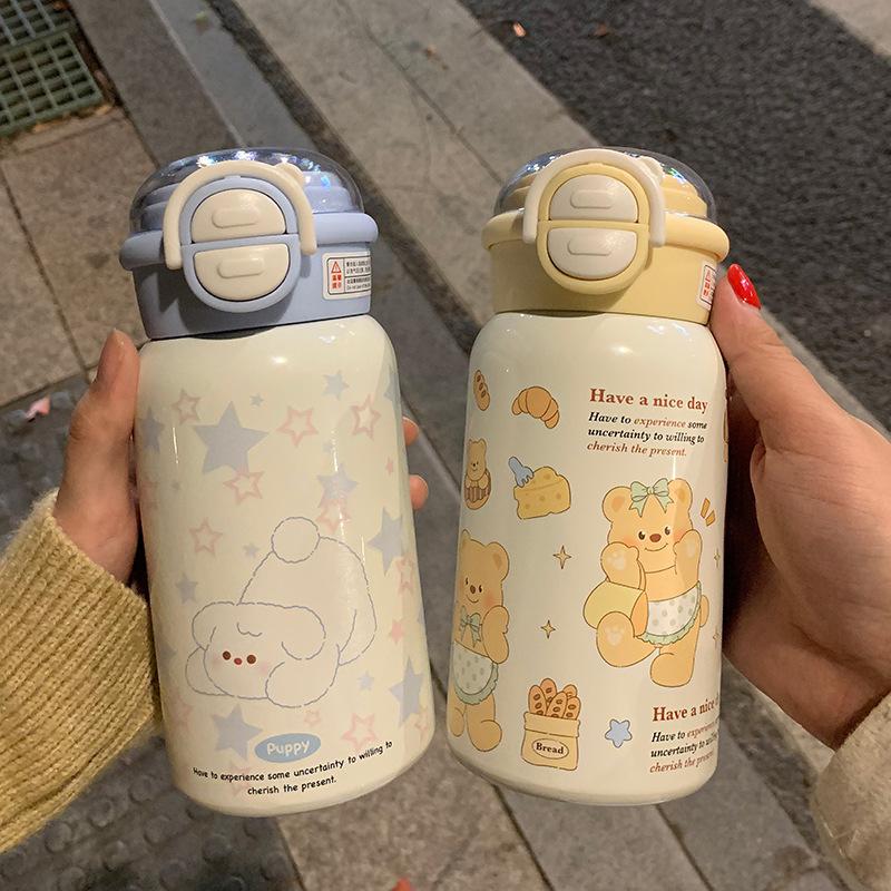 Thermos cup Stainless steel long-term thermal insulation straw cup Girls ins high value large capacity portable double drinking cup