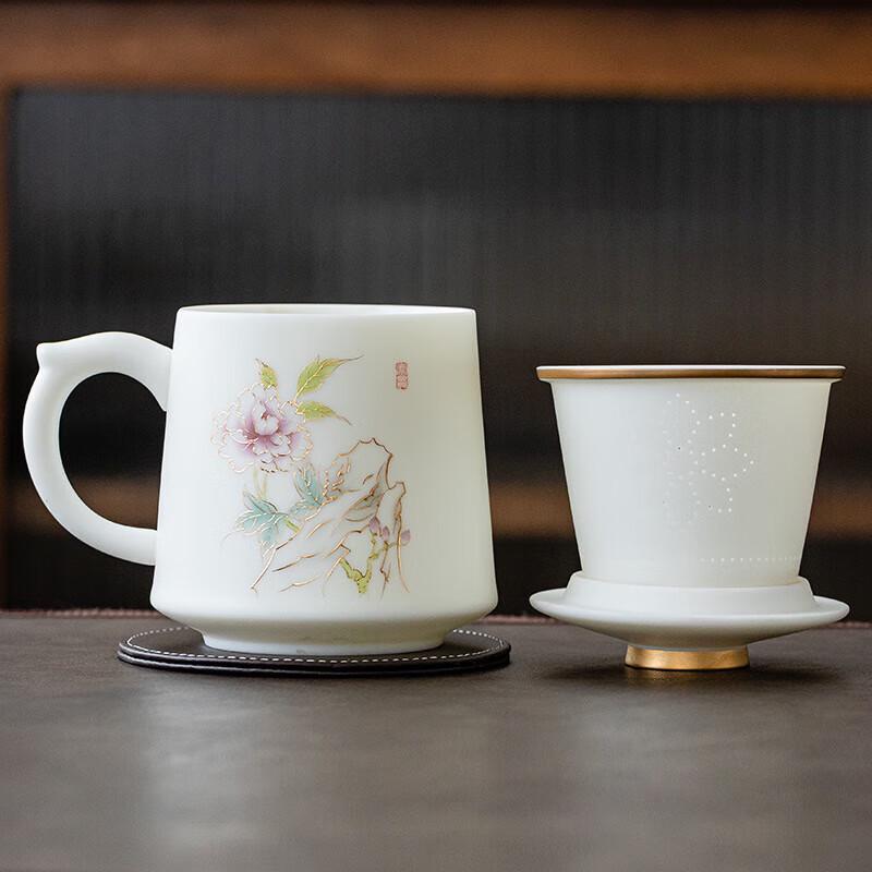 

Mutton Fat Jade Ceramic Tea Infuser Cup Set - Small Peony