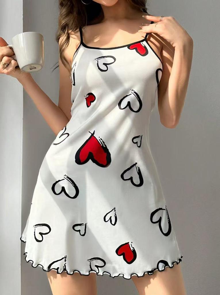 2025 Valentine's Day Red Heart Print Camisole Nightdress for Women
