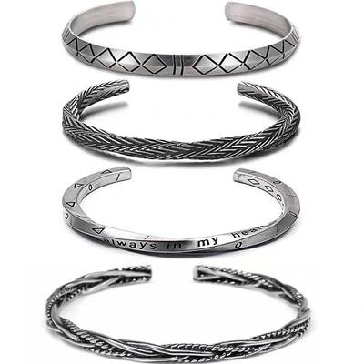 Bracciale rigido aperto da uomo retrò geometrico intrecciato a cavo in rame placcato argento