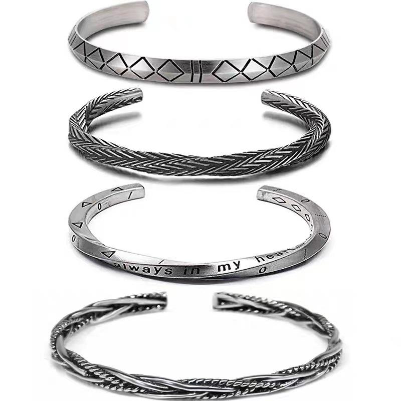 2023 Retro Men's Geometric Woven Cable Open Bangle in Silver-Plated Copper