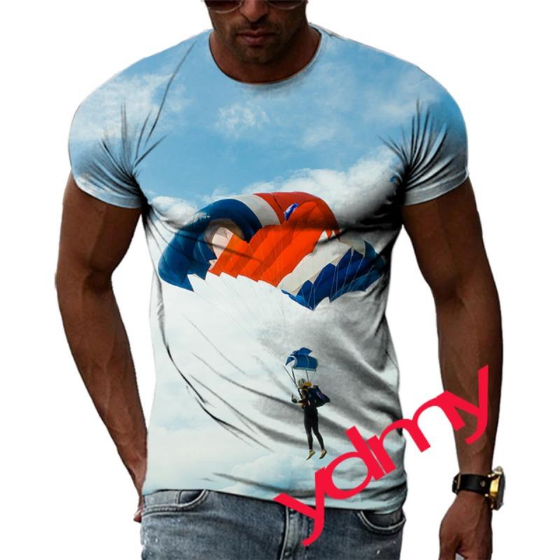 Tide Fashion Summe Parachute Picture Men's T-shirt Casual Print Tees Hip Hop Personality Round Neck Short Sleev Tops