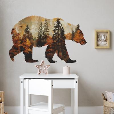 Fun-L016 Cartoon Brown Bear Forest Silhouette Bedroom Living Room Wall Beautification Decoration Wall Sticker Sticker