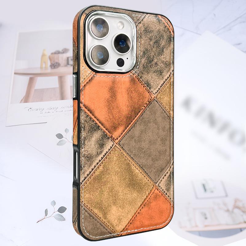 

Чехол для мобильного телефона с геометрическим сращиванием, кожаным покрытием и высокоподъемной линзой, подходит для iPhone16promax, противоударный чехол 15/14 Apple 16Plus