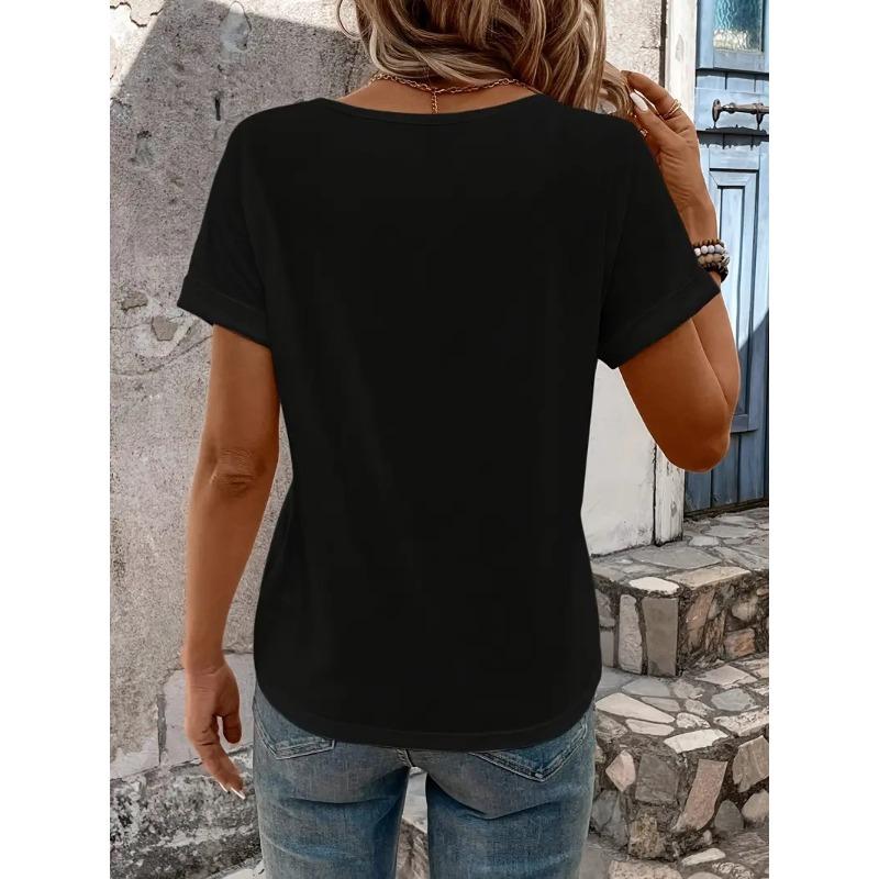 Letní dámská trička s výstřihem do V, slim-fit, s krátkým rukávem, jednobarevná