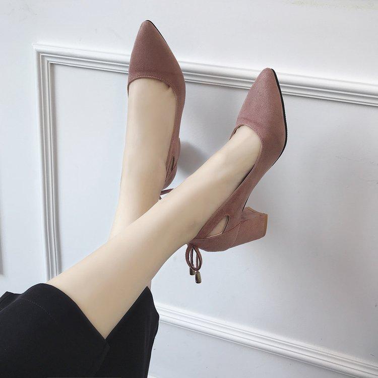 Women's Pointed Toe Chunky Heeled Single Shoes Shallow Mouth Suede Medium Heeled Work Shoes