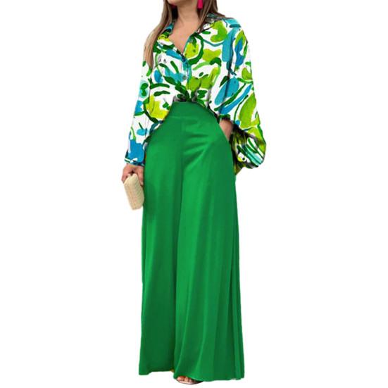Damen 2-teiliges Outfit Blumendruck Langarm Hemd mit Knöpfen und High Waist Weitbeinige Hosen Set Frühling Sommer Lässiges Lounge Set