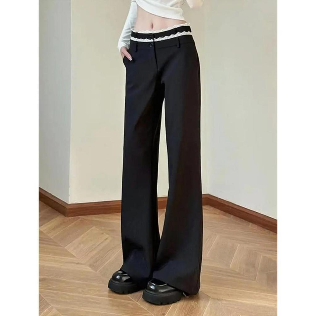 Women's Plus Size Black Lace Micro Flare Pants - 2026 New Autumn High Waist Petite Casual.