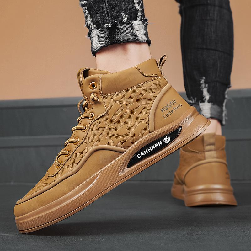 High-Top Autumn Men'S Sports Shoes Solid Color Leather Fashion Lace-Up Free Foot Cover Casual Work Board Shoes Men'S Shoes