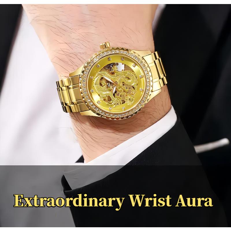 Dulunwe Dragon Watch Skeleton Men's Wrist Watches Luxury Automatic Mechanical Diamond Waterproof Luminous Stainless Steel Watches