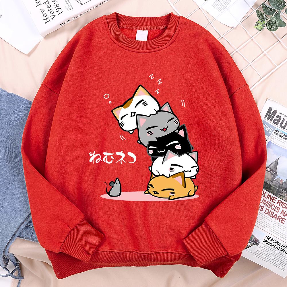 Cute Stacked Cats Sleeping Don'T See The Mouse Women Unisex Clothing Anime Pullover Hoodies Loose Fleece Hoody Casual O-Neck Streetwear