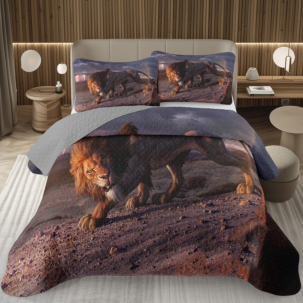 Lion Bedspread Twin King Safari Wild Aninal Coverlet Western Farmstyle Quilt Set Soft Luxury Reversible Grey Quilted Bedding Set