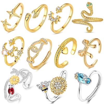 Genuine Copper Golden Open Ring Design Authentic Star Moon Zircon Wedding Anniversary Rings Jewelry Creation Present Choice For Women