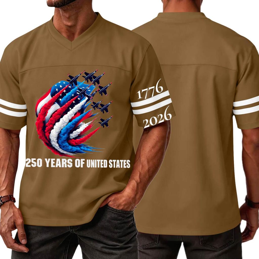 Men's Casual V Neck Short Sleeve Sports T Shirt Independence Day Themed Graphic Tee with Lettering and Airplane Design Athletic Fit