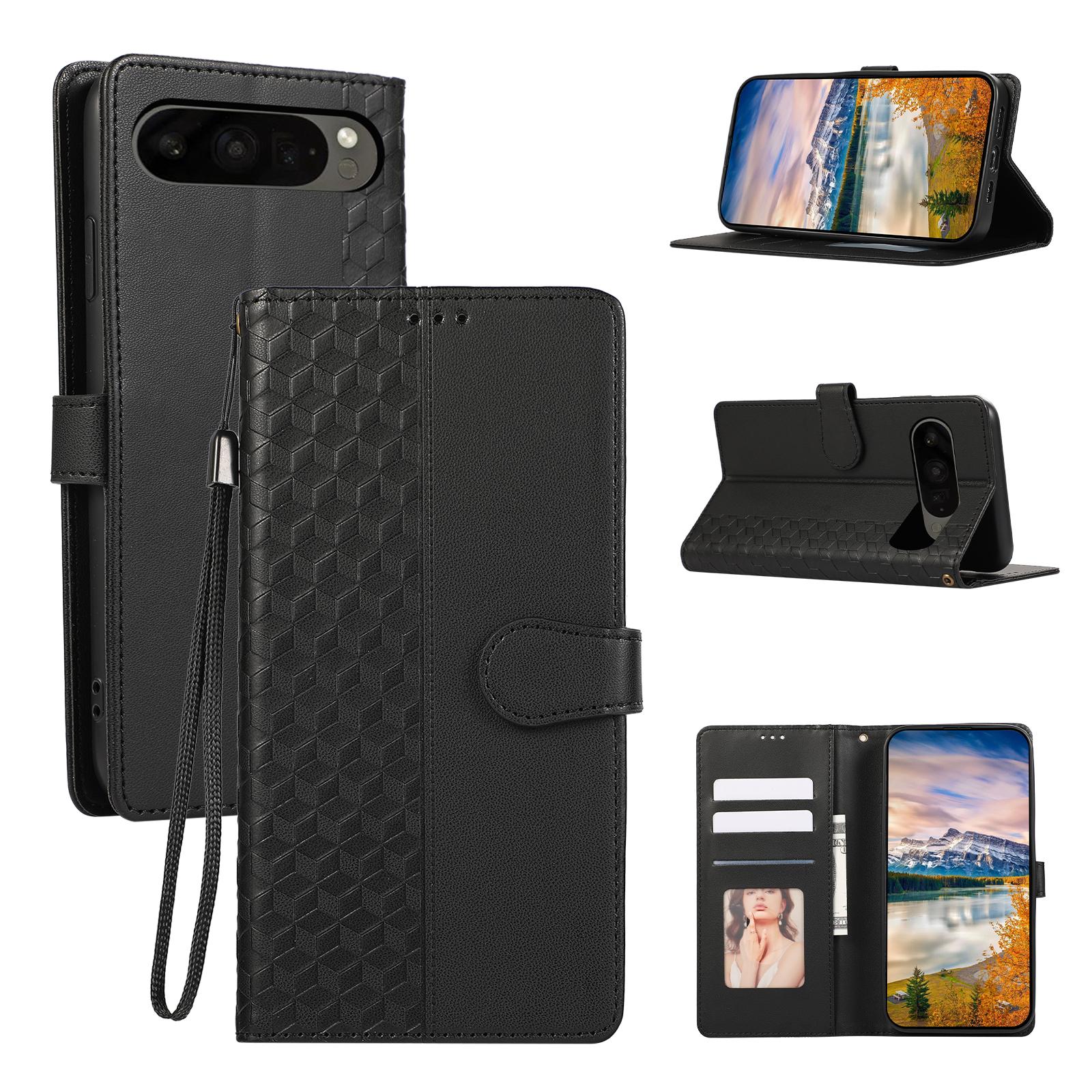 

For Google Pixel 10 Pro XL/9 Pro XL Case 3D Rhombus Grid Imprinted Wallet Leather Phone Cover with Lanyard Black