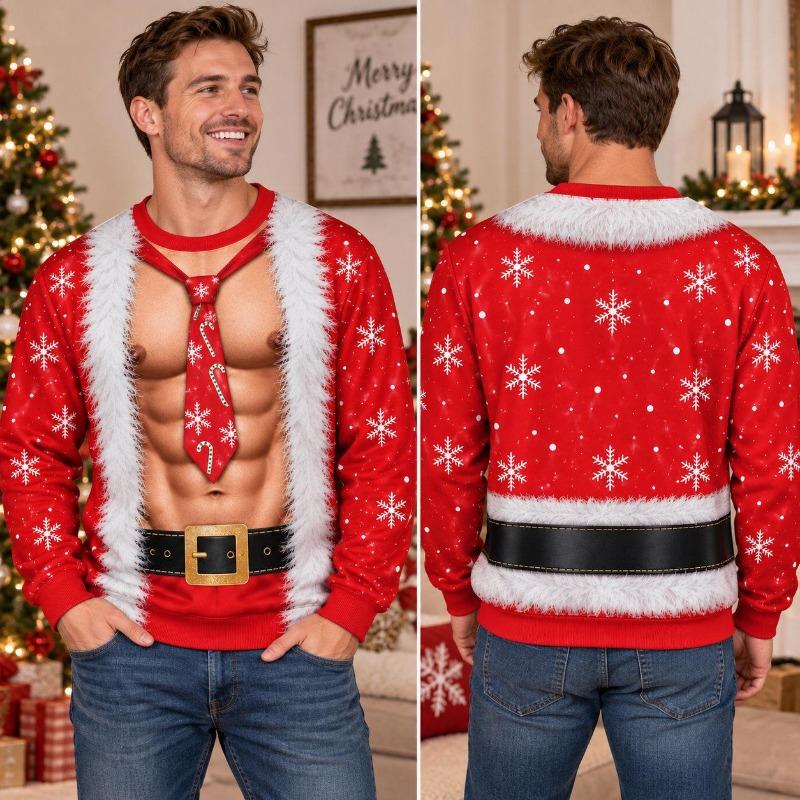 Funny Christmas Santa Sweatshirt Santa Costume Pullover Novelty Holiday Red Snowflake Men's Women's Christmas Party Gift