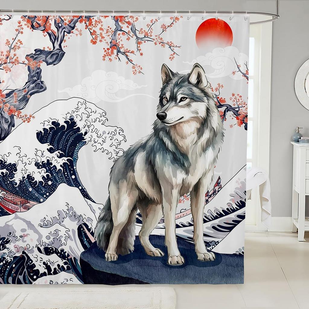 Cartoon Lion Shower Curtain for Kids Boys Girls Japanese Style Waterproof Bathroom Curtain, Vintage Ukiyoe Bath Curtain Ocean