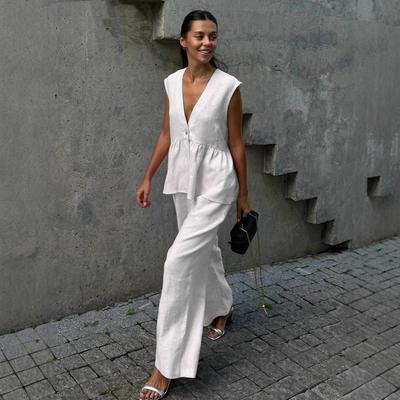 2026 Cotton V-neck Sleeveless Top Vest Trousers Set Women's European and American New Solid Color Temperament Commuter Two-piece Set