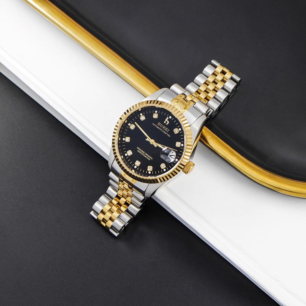 [BUREI] Men's Watch, Automatic, Waterproof, Stylish, Analog, Gentleman, Date, Mechanical, Popular, Men's, Branded, Simple, Casual, Gold, Black,