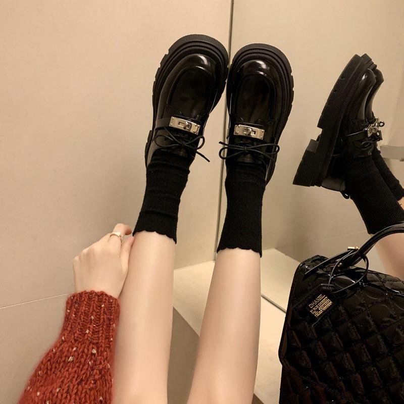 Cowhide Version~ Grape Mother Same New British Small Leather Shoes Women's Lace-up Single Shoes Thick Heel Thick Sole Muffin Loafers