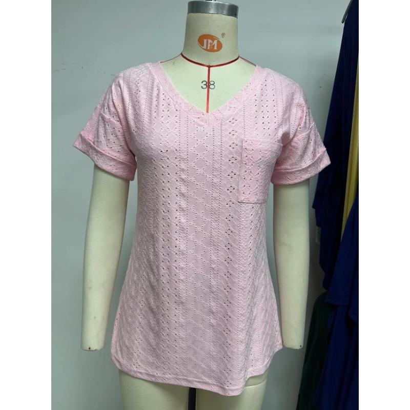 Spring and Summer Solid Color Pocket V-neck Top Loose Short Sleeved Women’s Blouses & Shirts