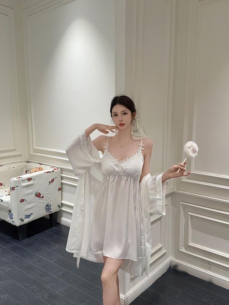 Sexy pajamas women's summer suspender nightgown ice silk new ins wind girl nightgown set sweet pure desire robe