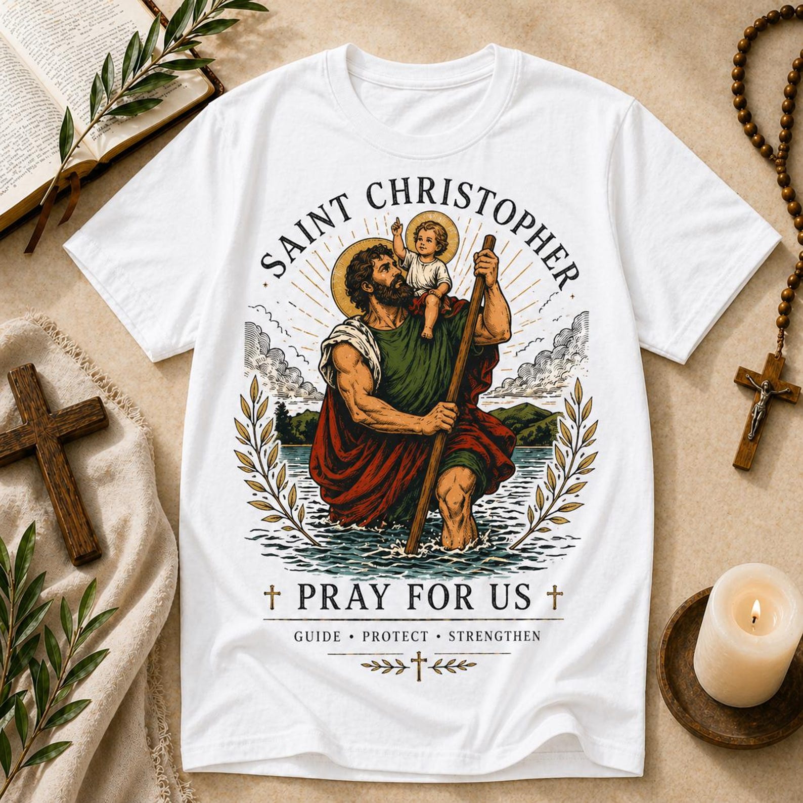 Saint Christopher T-Shirt – Vintage Patron Saint Graphic Tee – Pray For Us Shirt XL