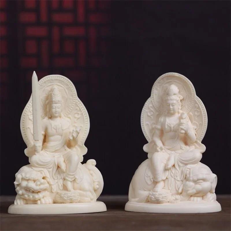 Cliff Cypress Wood Carving Manjusri Samantabhadra Bodhisattva Ornament Solid Wood Carving Crafts Home Furnishings Decoration
