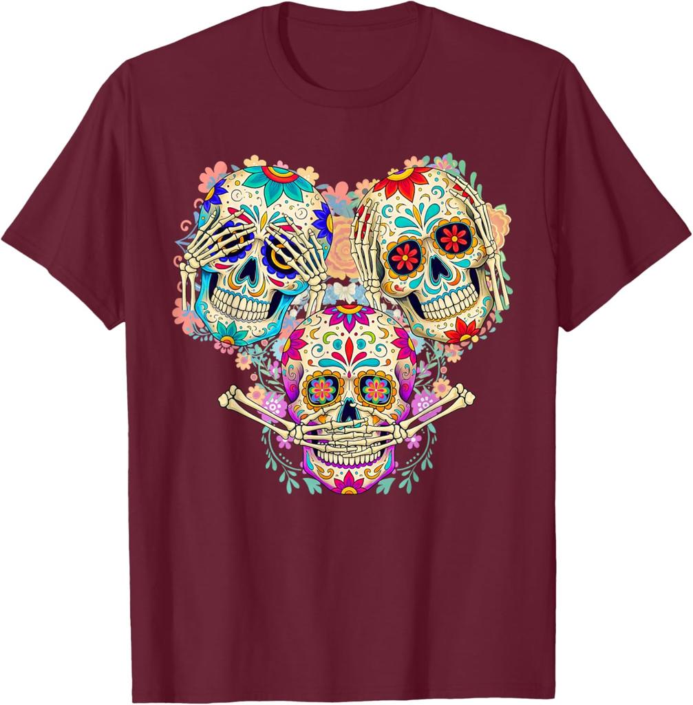 Sugar Skull Three Wise Monkeys Day of The Dead Graphic Tee Breathable Men Casual Trip T-Shirt