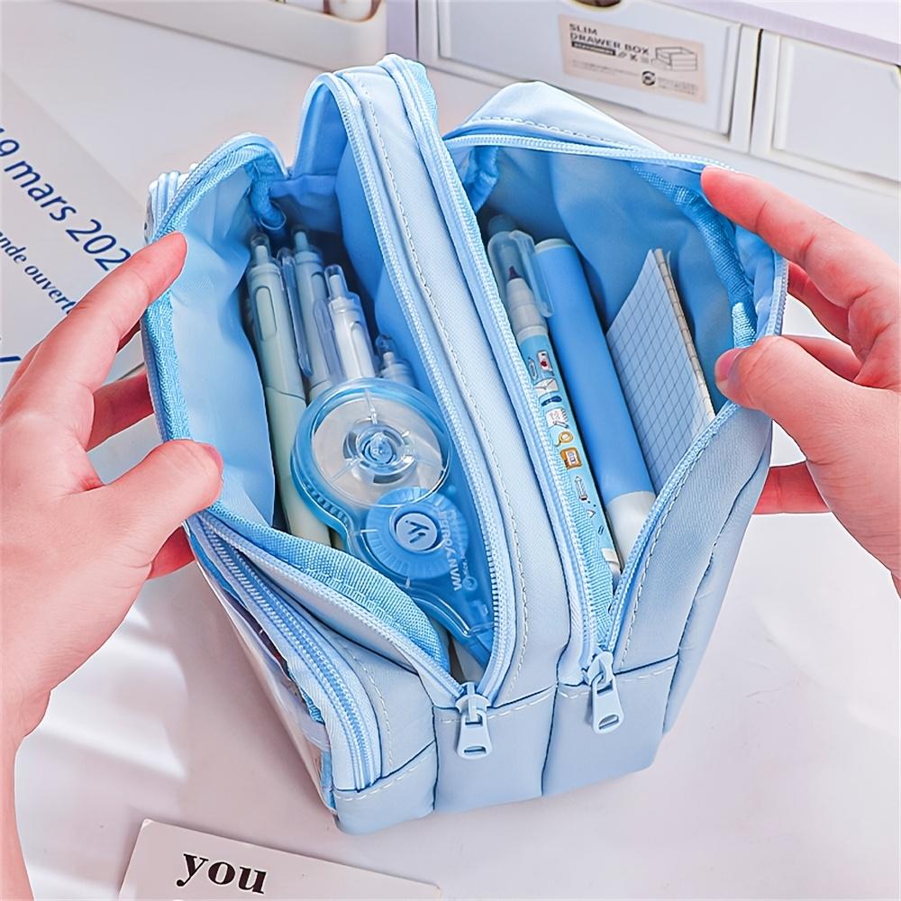 Large Light Color Multi-Compartment Pencil Case Durable with Clear Window Portable Cosmetic Bag for Stationery