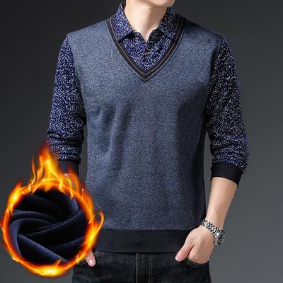 Maglione Lavorato a Maglia Caldo Casual in Velluto Peluche Falso Due Pezzi Autunno e Inverno Camicia da Fondo a Maniche Lunghe da Uomo Tendenza Moda Papà