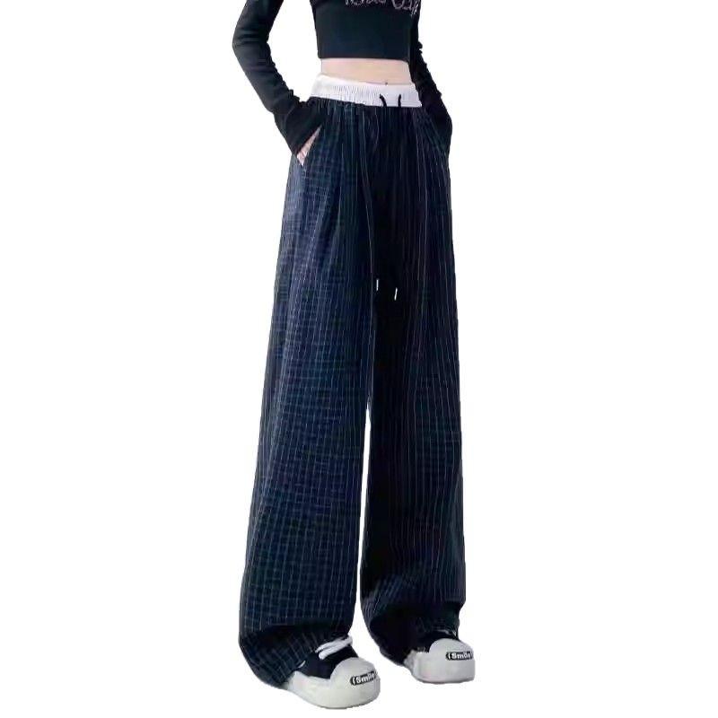 Petite 150cm American Color Block Plaid Wide-Leg Thin Summer Trousers - Women's Straight-Leg Sporty Casual Pants